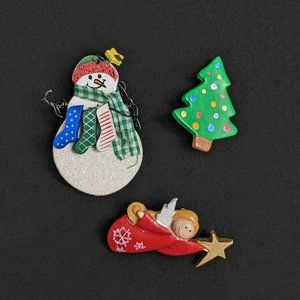 3 Cute Christmas Holiday Hand Painted Pins Reindeer Angel Wreath Holiday